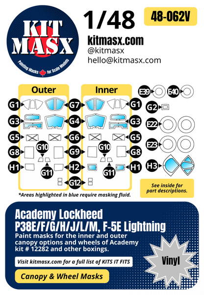 Academy Lockheed P38E/F/G/H/J/L/M, F-5E Lightning 1/48 Canopy & Wheel Paint Masks, Kit # 12282