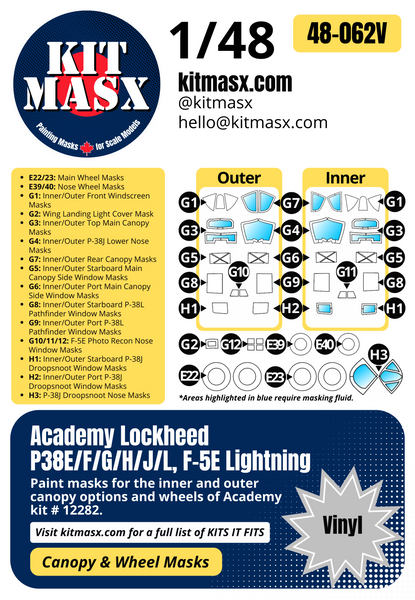 Academy Lockheed P38E/F/G/H/J/L, F-5E Lightning 1/48 Canopy & Wheel Paint Masks, Kit # 12282