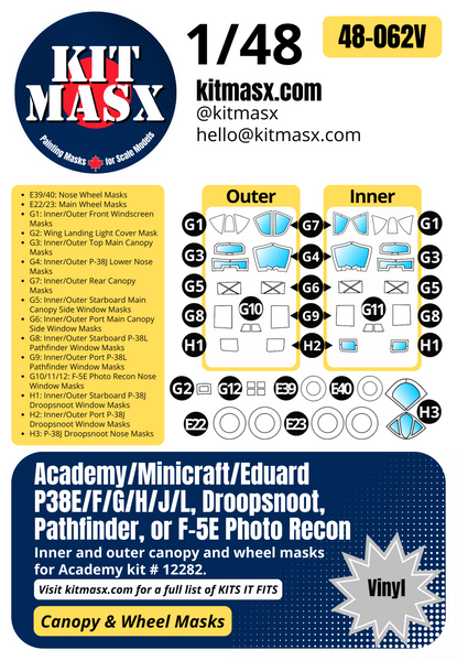 Academy P38E/F/G/H/J/L, Droopsnoot, Pathfinder, F-5E Photo Recon 1/48 Canopy & Wheel Paint Masks, Kit # 12282