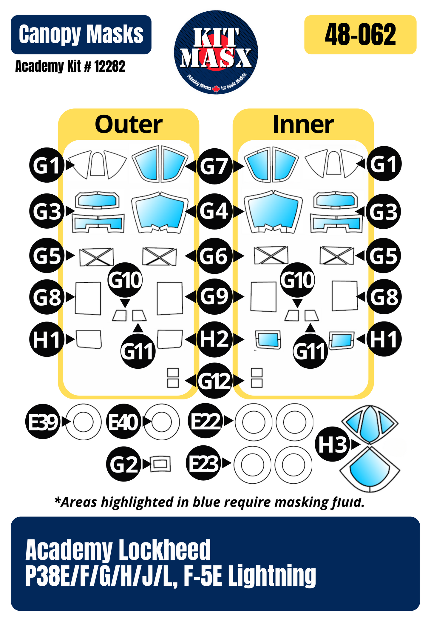 Academy Lockheed P38E/F/G/H/J/L, F-5E Lightning 1/48 Canopy & Wheel Paint Masks, Kit # 12282