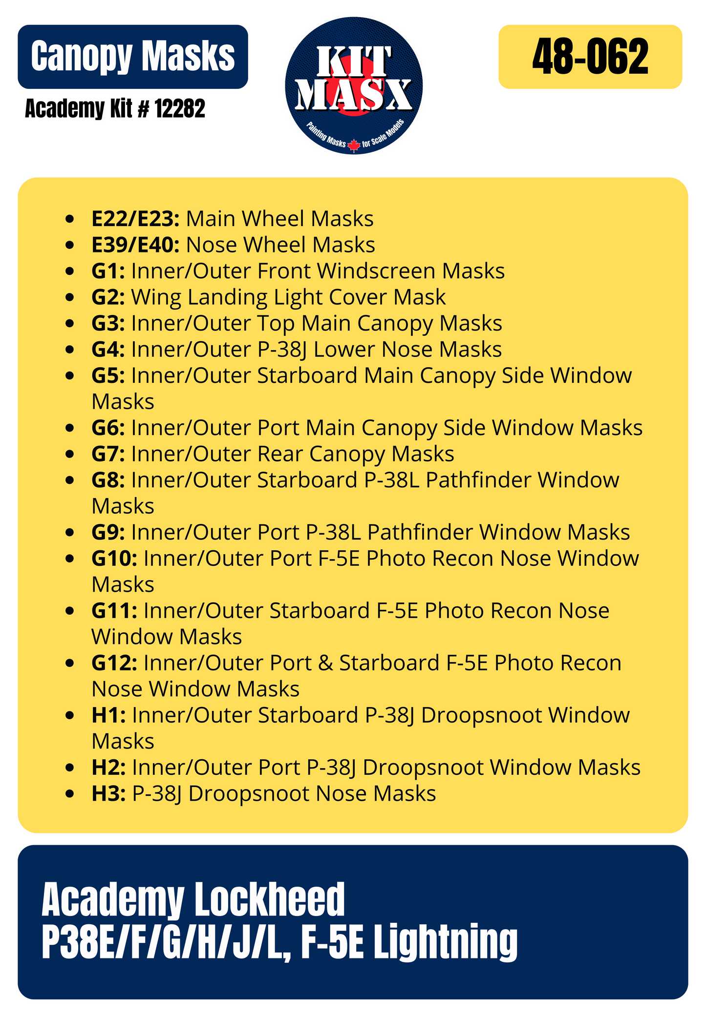 Academy Lockheed P38E/F/G/H/J/L, F-5E Lightning 1/48 Canopy & Wheel Paint Masks, Kit # 12282