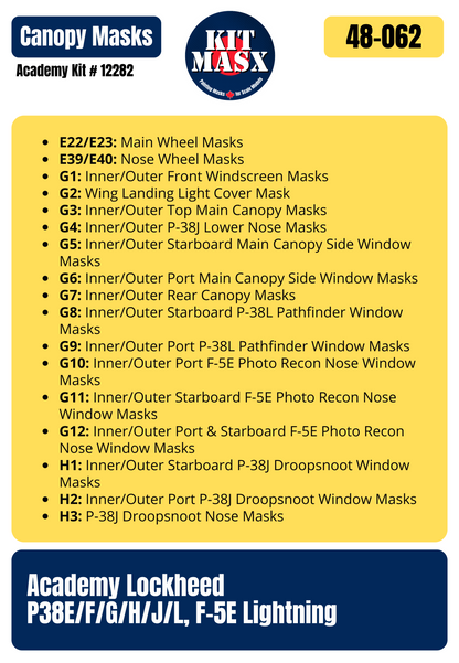 Academy Lockheed P38E/F/G/H/J/L, F-5E Lightning 1/48 Canopy & Wheel Paint Masks, Kit # 12282