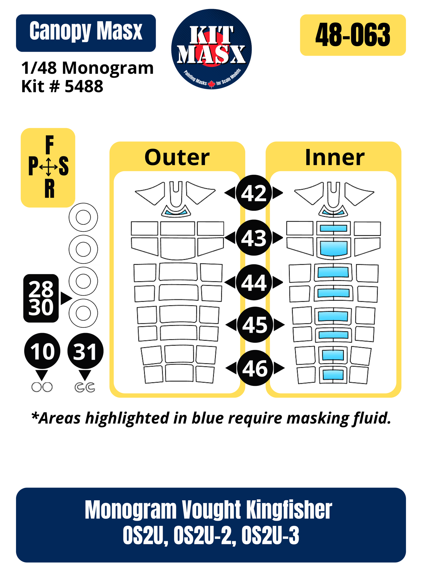 Monogram Vought Kingfisher OS2U, OS2U-2, OS2U-3 1/48 Canopy & Wheel Paint Masks, Kit # 5488