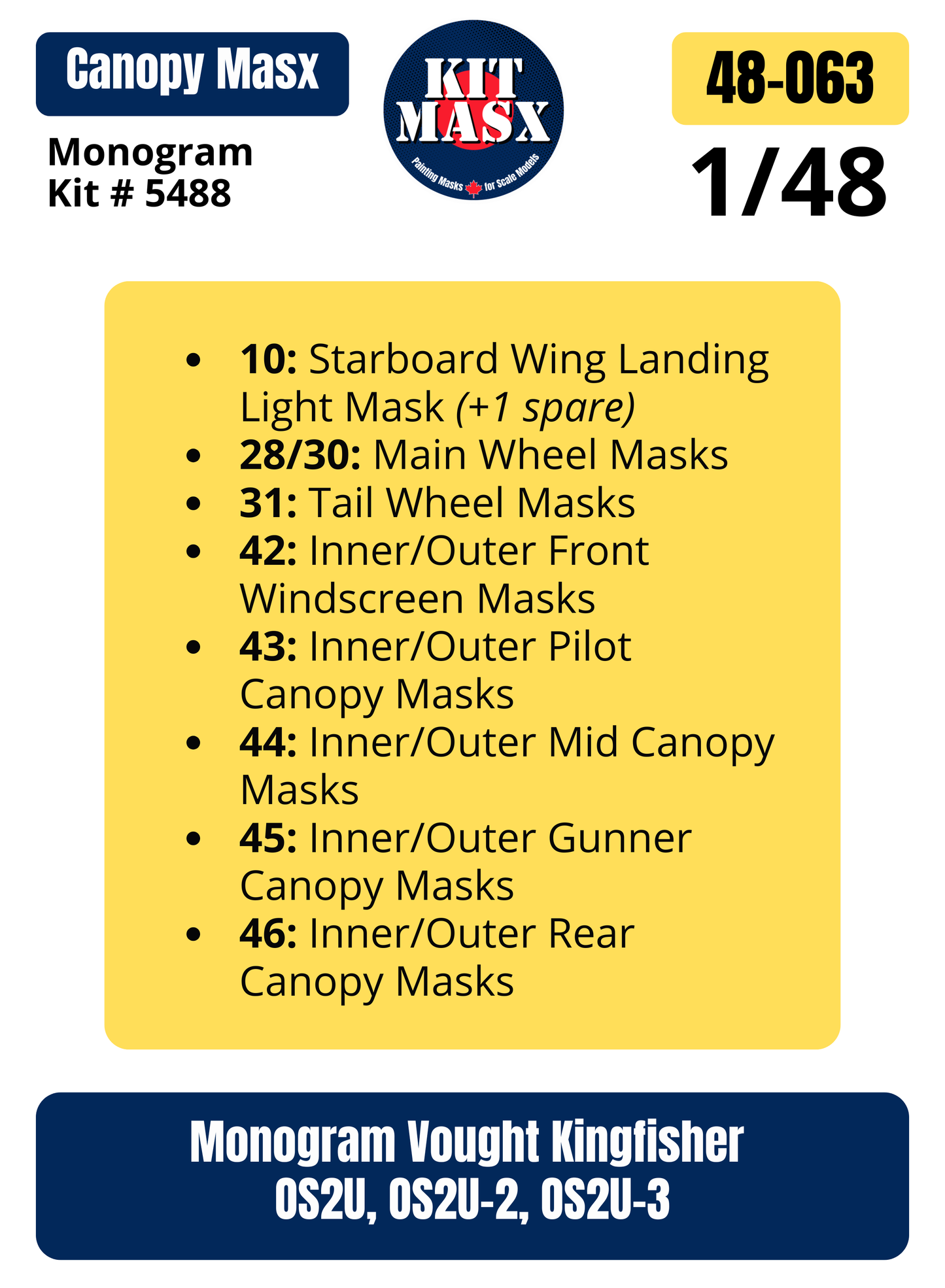 Monogram Vought Kingfisher OS2U, OS2U-2, OS2U-3 1/48 Canopy & Wheel Paint Masks, Kit # 5488 (48063)