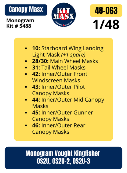 Monogram Vought Kingfisher OS2U, OS2U-2, OS2U-3 1/48 Canopy & Wheel Paint Masks, Kit # 5488 (48063)