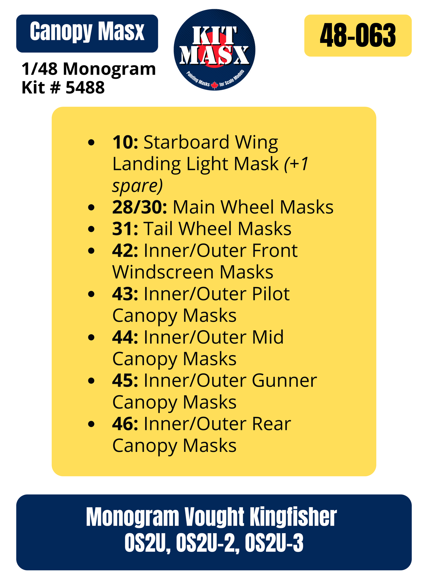Monogram Vought Kingfisher OS2U, OS2U-2, OS2U-3 1/48 Canopy & Wheel Paint Masks, Kit # 5488