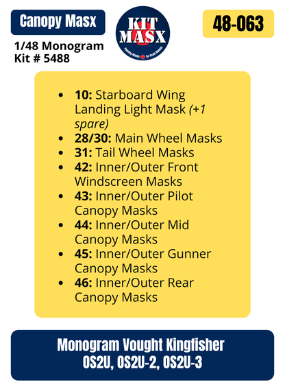 Monogram Vought Kingfisher OS2U, OS2U-2, OS2U-3 1/48 Canopy & Wheel Paint Masks, Kit # 5488