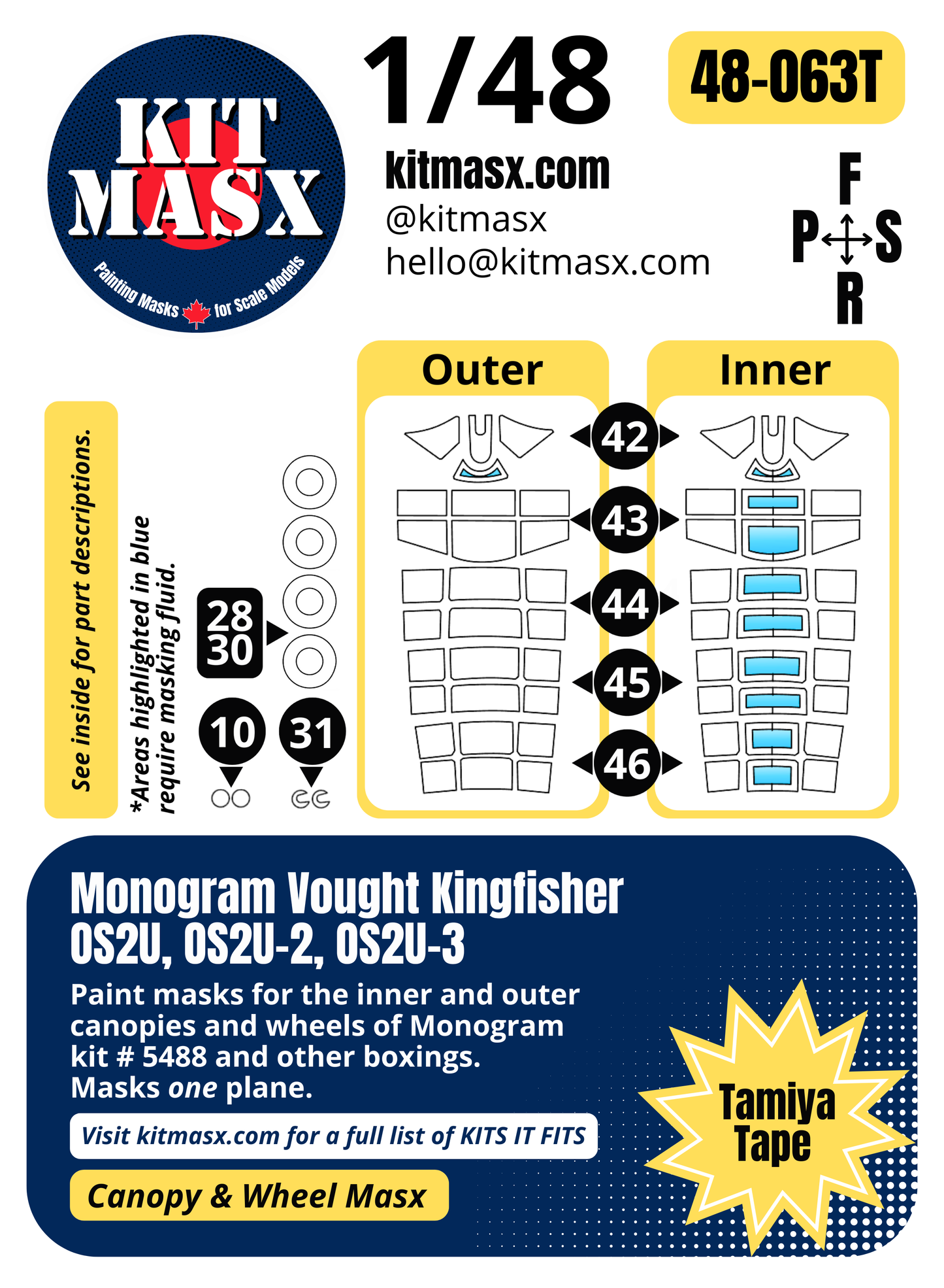 Monogram Vought Kingfisher OS2U, OS2U-2, OS2U-3 1/48 Canopy & Wheel Paint Masks, Kit # 5488