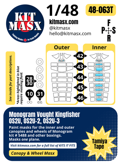 Monogram Vought Kingfisher OS2U, OS2U-2, OS2U-3 1/48 Canopy & Wheel Paint Masks, Kit # 5488