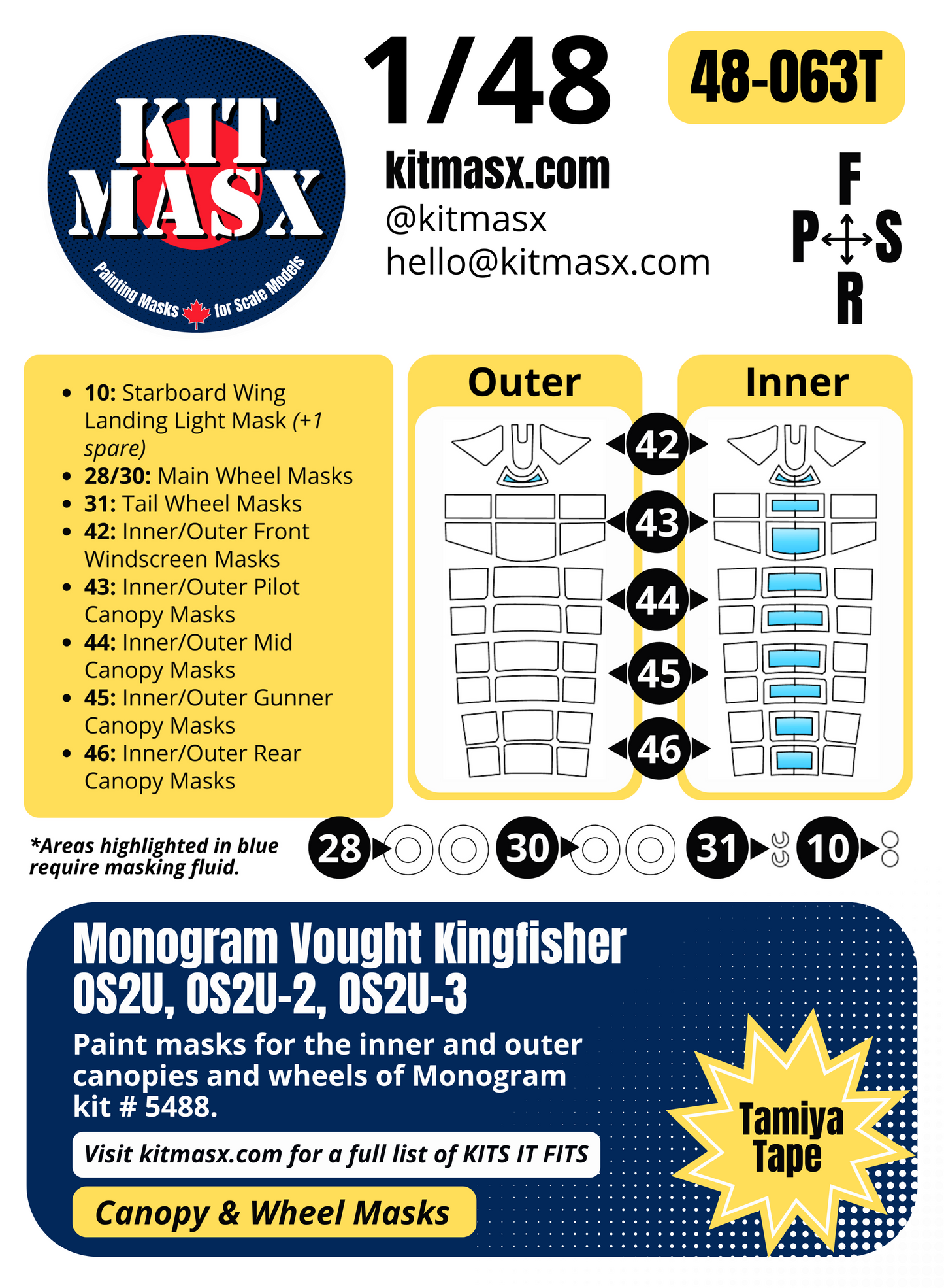 Monogram Vought Kingfisher OS2U, OS2U-2, OS2U-3 1/48 Canopy & Wheel Paint Masks, Kit # 5488