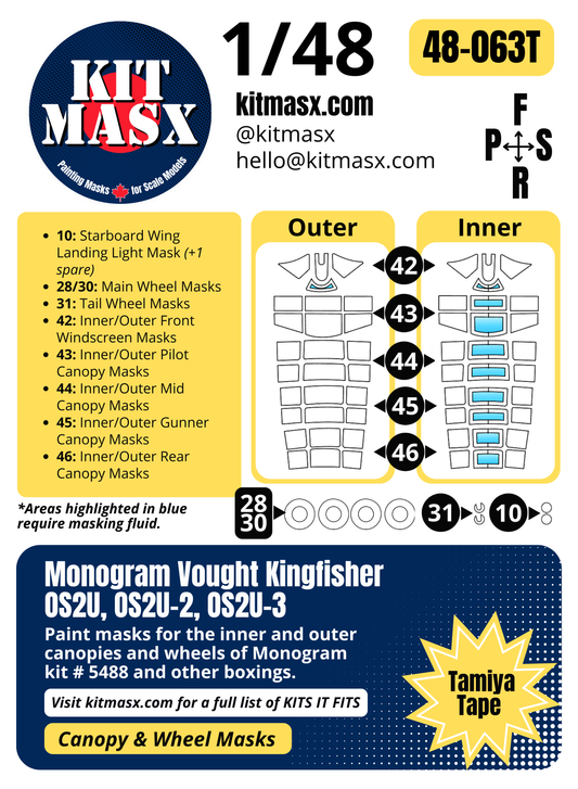 Monogram Vought Kingfisher OS2U, OS2U-2, OS2U-3 1/48 Canopy & Wheel Paint Masks, Kit # 5488