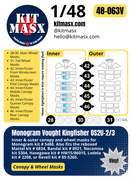 Monogram Vought Kingfisher OS2U-2/3 1/48 Canopy & Wheel Paint Masks, Kit # 5488