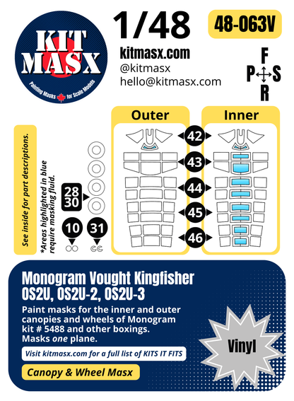 Monogram Vought Kingfisher OS2U, OS2U-2, OS2U-3 1/48 Canopy & Wheel Paint Masks, Kit # 5488