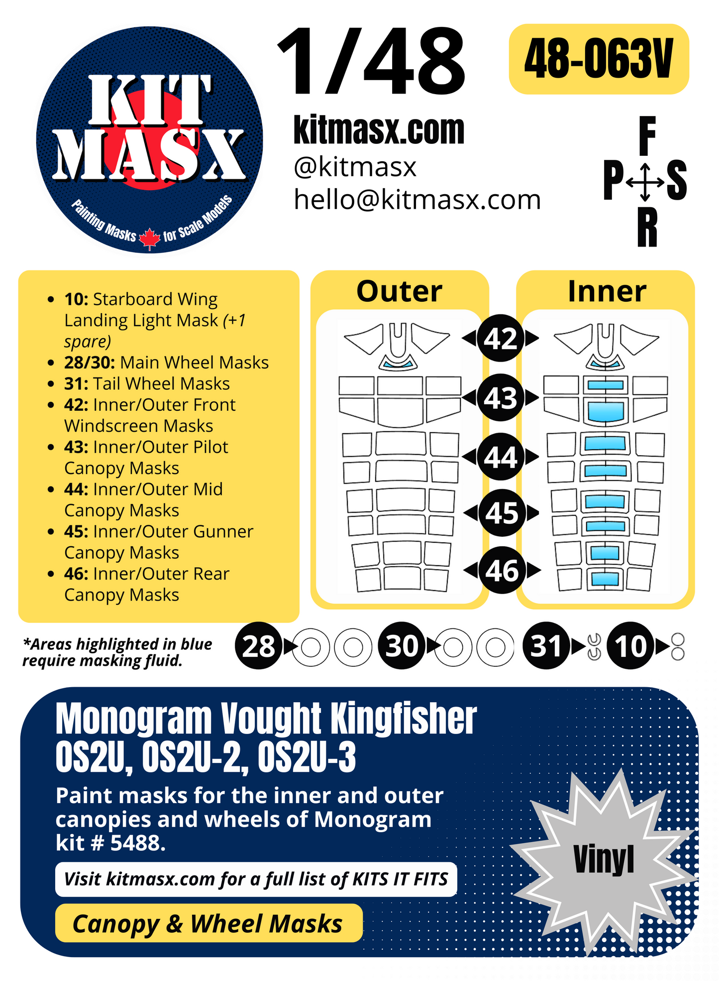Monogram Vought Kingfisher OS2U, OS2U-2, OS2U-3 1/48 Canopy & Wheel Paint Masks, Kit # 5488