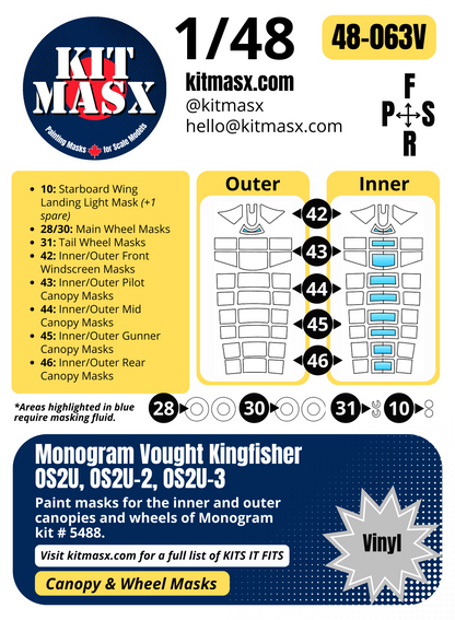 Monogram Vought Kingfisher OS2U, OS2U-2, OS2U-3 1/48 Canopy & Wheel Paint Masks, Kit # 5488