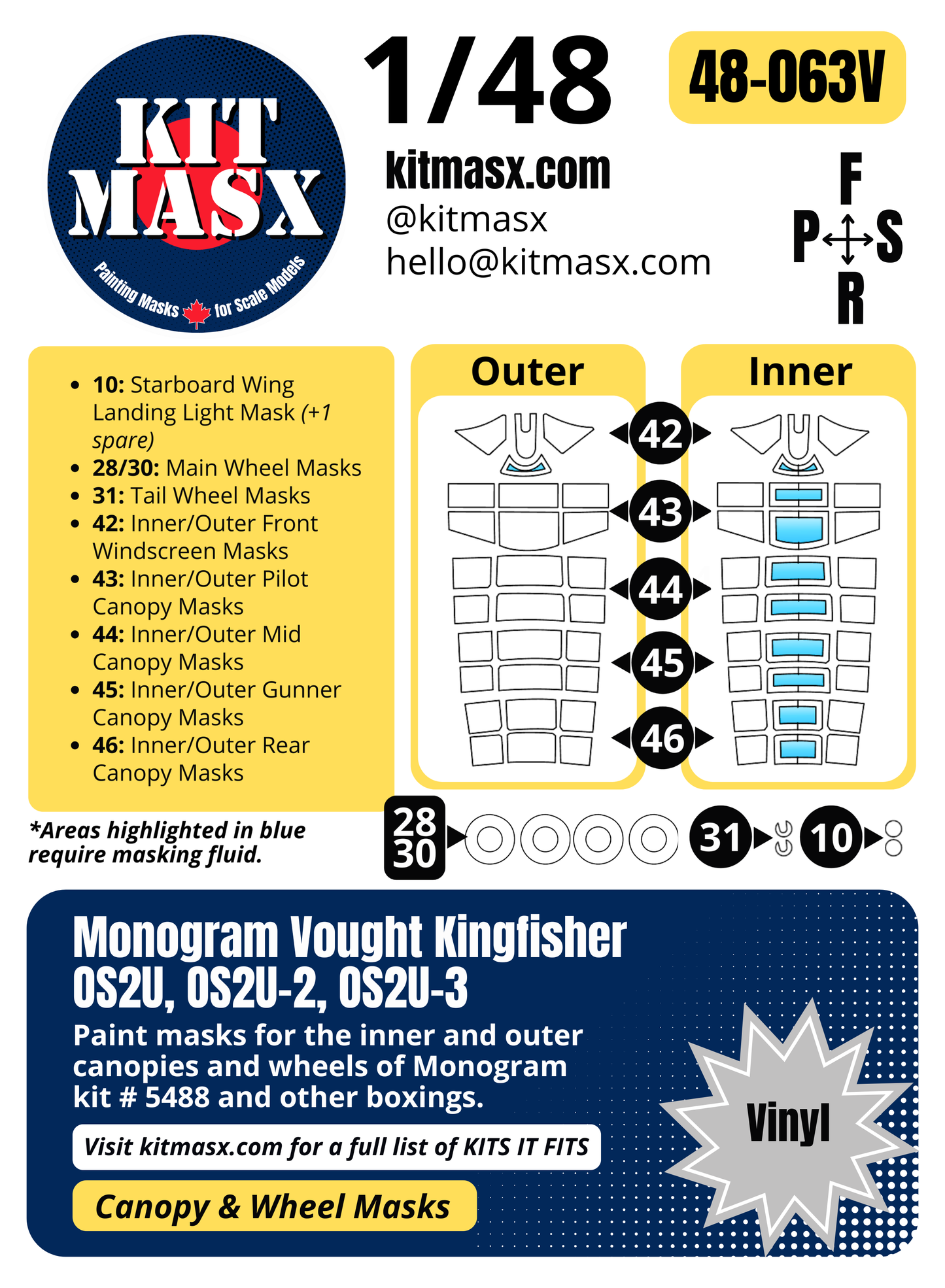 Monogram Vought Kingfisher OS2U, OS2U-2, OS2U-3 1/48 Canopy & Wheel Paint Masks, Kit # 5488