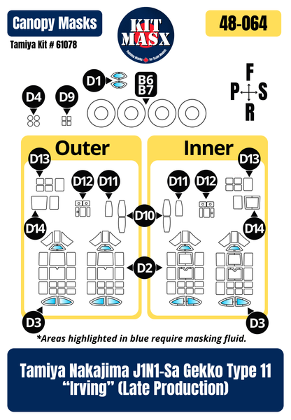 Tamiya Nakajima J1N1-Sa Gekko Type 11 "Irving" (Late Production) 1/48 Canopy & Wheel Paint Masks, Kit # 61078