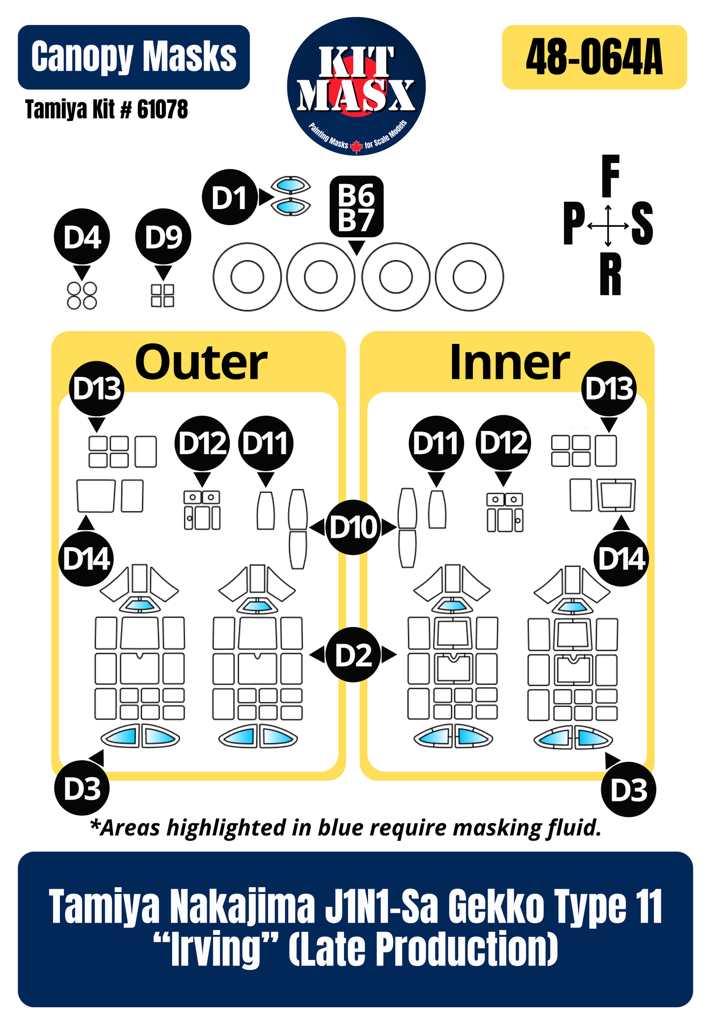 Tamiya Nakajima J1N1-Sa Gekko Type 11 “Irving” (Late Production) 1/48 All-in-One Master Mask Set, Kit # 61078