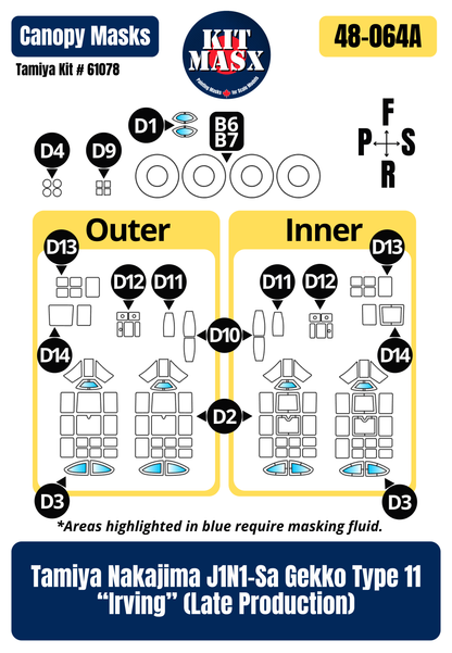Tamiya Nakajima J1N1-Sa Gekko Type 11 “Irving” (Late Production) 1/48 All-in-One Master Mask Set, Kit # 61078