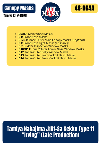Tamiya Nakajima J1N1-Sa Gekko Type 11 “Irving” (Late Production) 1/48 All-in-One Master Mask Set, Kit # 61078