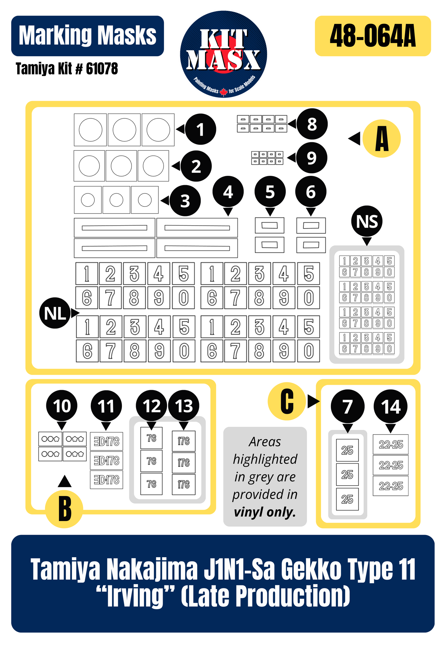 Tamiya Nakajima J1N1-Sa Gekko Type 11 “Irving” (Late Production) 1/48 All-in-One Master Mask Set, Kit # 61078