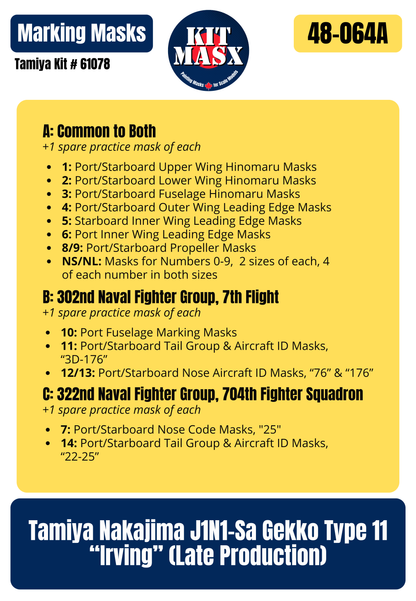 Tamiya Nakajima J1N1-Sa Gekko Type 11 “Irving” (Late Production) 1/48 All-in-One Master Mask Set, Kit # 61078