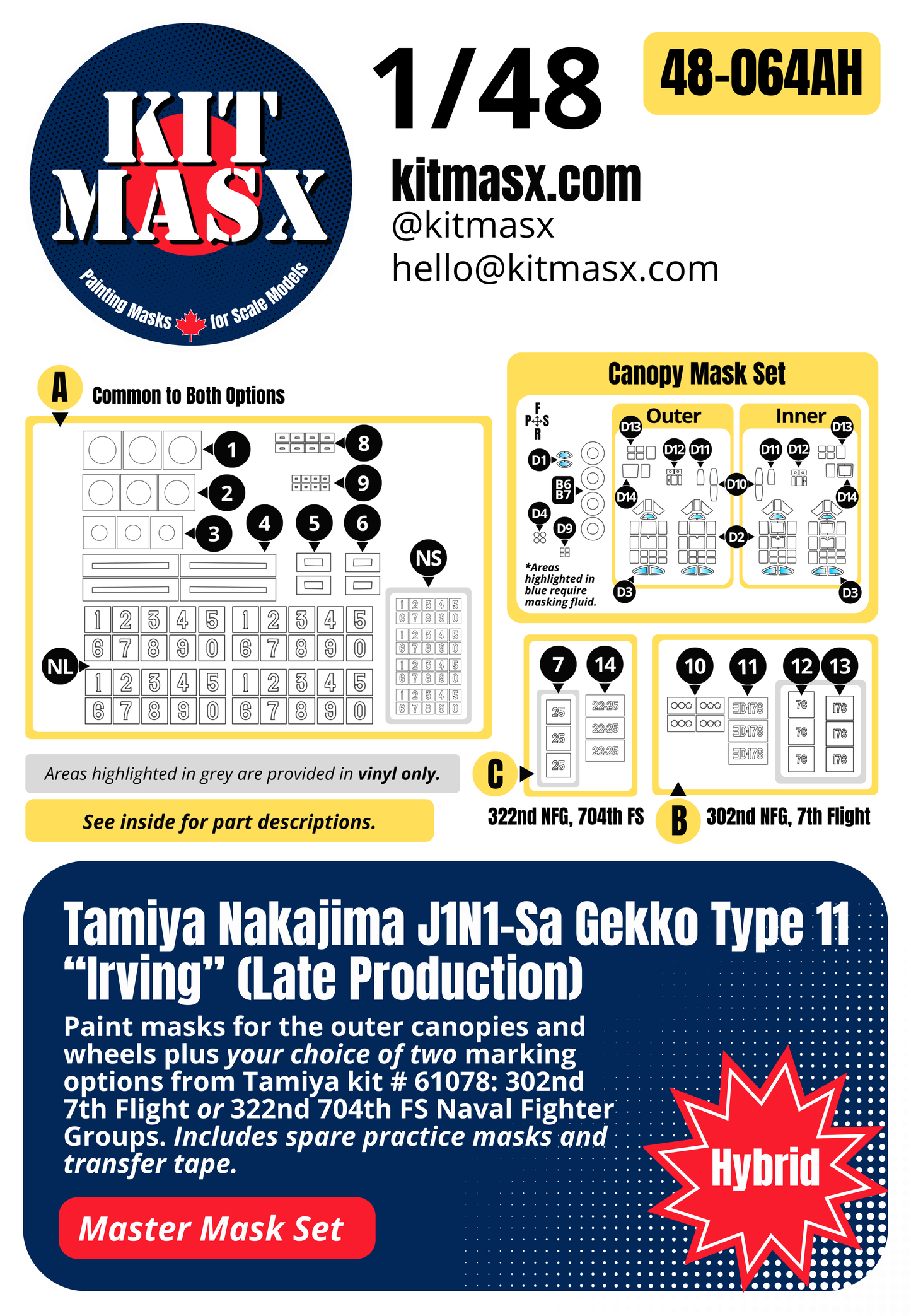 Tamiya Nakajima J1N1-Sa Gekko Type 11 “Irving” (Late Production) 1/48 All-in-One Master Mask Set, Kit # 61078