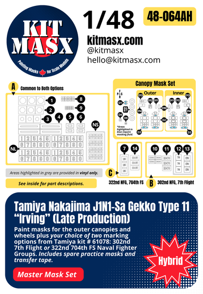 Tamiya Nakajima J1N1-Sa Gekko Type 11 “Irving” (Late Production) 1/48 All-in-One Master Mask Set, Kit # 61078