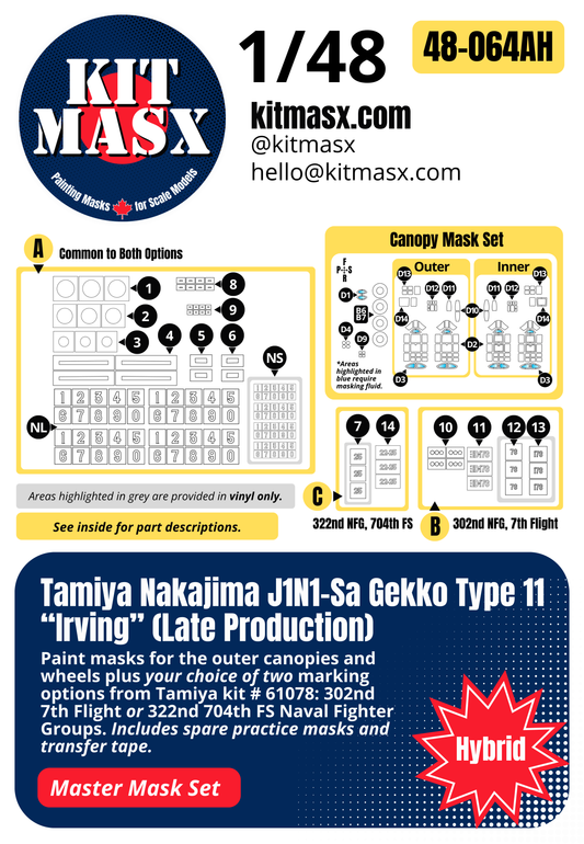 Tamiya Nakajima J1N1-Sa Gekko Type 11 “Irving” (Late Production) 1/48 All-in-One Master Mask Set, Kit # 61078