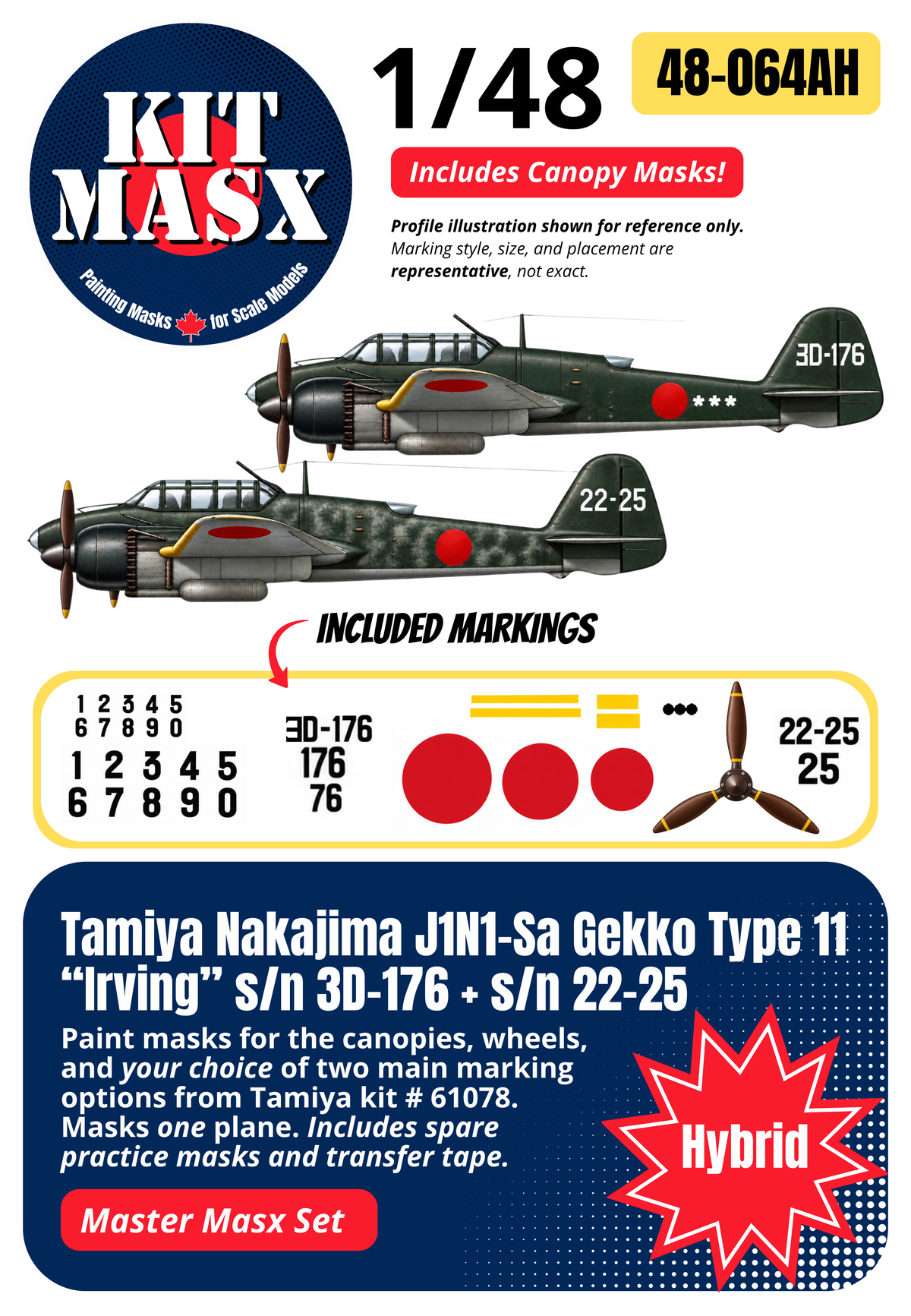 Tamiya Nakajima J1N1-Sa Gekko Type 11 “Irving” s/n 3D-176 + s/n 22-25 1/48 All-in-One Master Mask Set, Kit # 61078 (48064A)