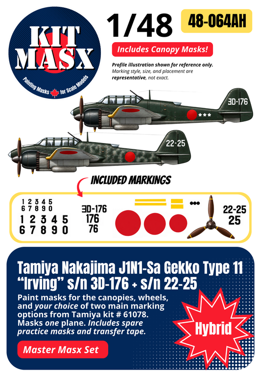 Tamiya Nakajima J1N1-Sa Gekko Type 11 “Irving” s/n 3D-176 + s/n 22-25 1/48 All-in-One Master Mask Set, Kit # 61078 (48064A)
