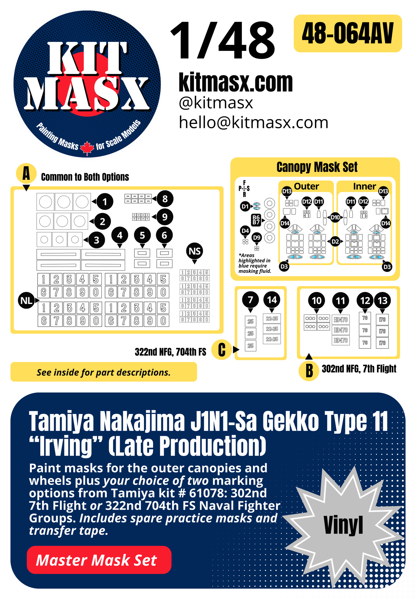 Tamiya Nakajima J1N1-Sa Gekko Type 11 “Irving” (Late Production) 1/48 All-in-One Master Mask Set, Kit # 61078
