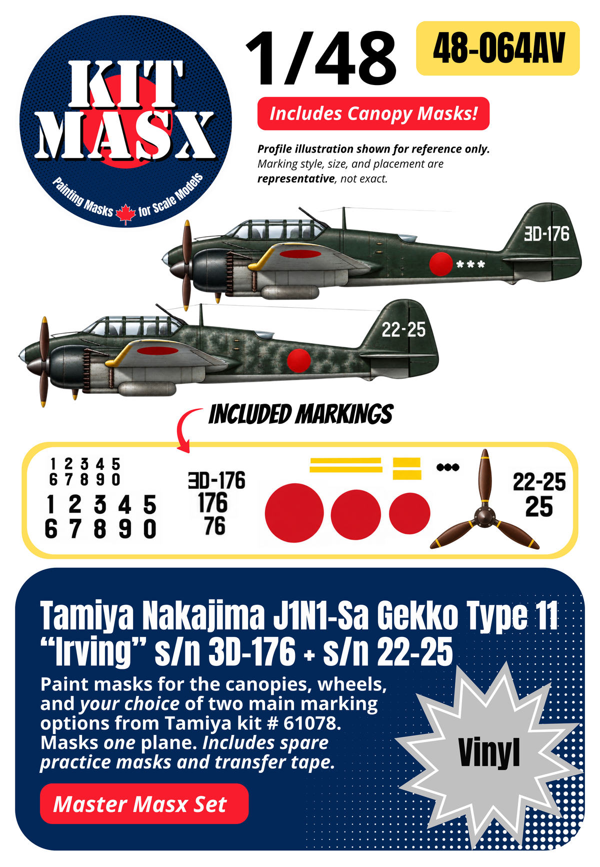 Tamiya Nakajima J1N1-Sa Gekko Type 11 “Irving” s/n 3D-176 + s/n 22-25 1/48 All-in-One Master Mask Set, Kit # 61078 (48064A)