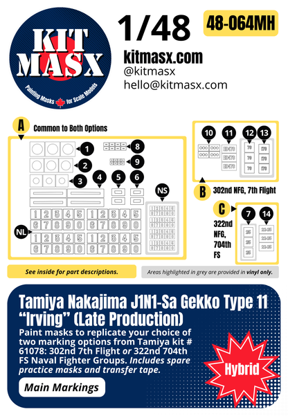 Tamiya Nakajima J1N1-Sa Gekko Type 11 “Irving” (Late Production) 1/48 Main Marking Paint Masks, Kit # 61078