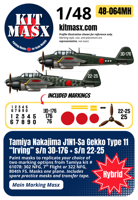 Tamiya Nakajima J1N1-Sa Gekko Type 11 “Irving” s/n 3D-176 + s/n 22-25 1/48 Main Marking Paint Masks, Kit # 61078 (48064M)
