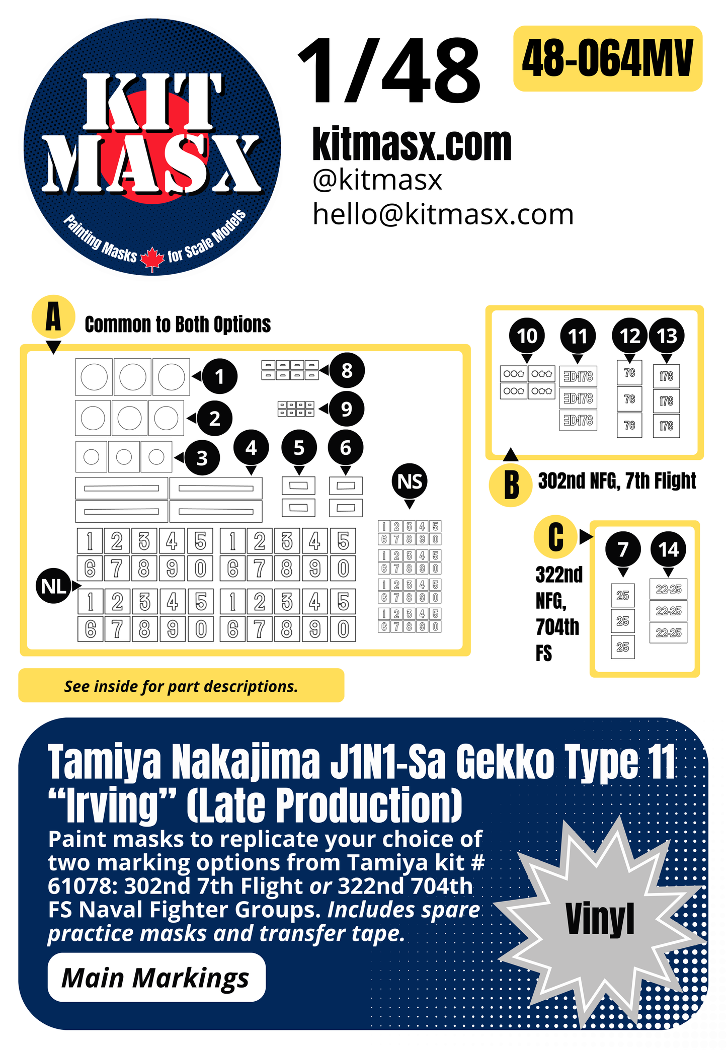 Tamiya Nakajima J1N1-Sa Gekko Type 11 “Irving” (Late Production) 1/48 Main Marking Paint Masks, Kit # 61078