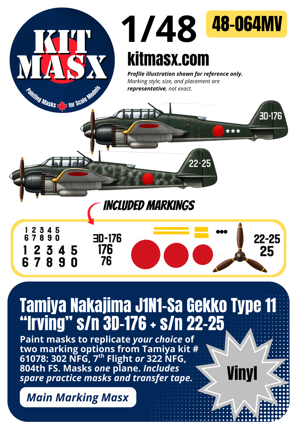 Tamiya Nakajima J1N1-Sa Gekko Type 11 “Irving” s/n 3D-176 + s/n 22-25 1/48 Main Marking Paint Masks, Kit # 61078 (48064M)