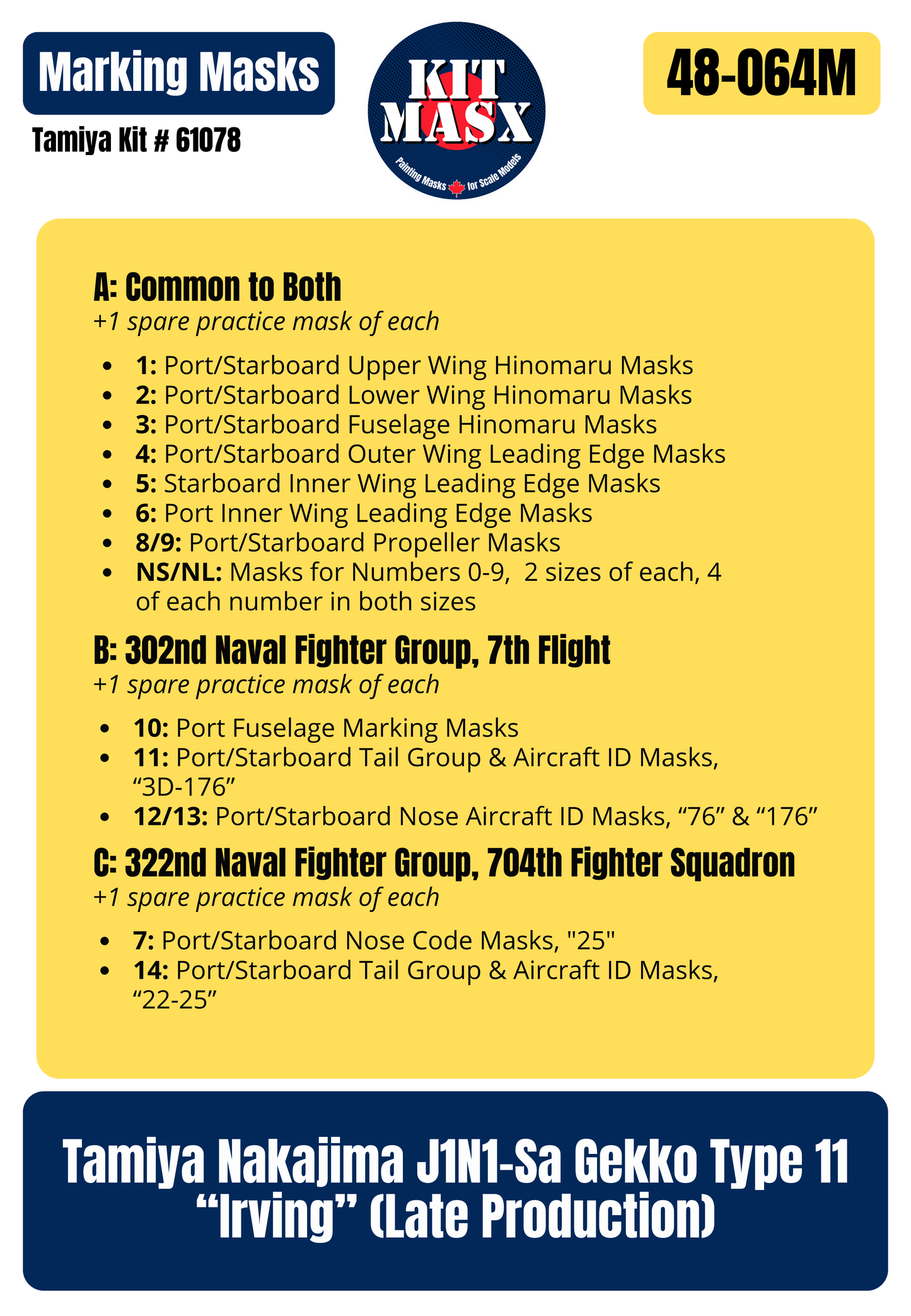 Tamiya Nakajima J1N1-Sa Gekko Type 11 “Irving” (Late Production) 1/48 Main Marking Paint Masks, Kit # 61078