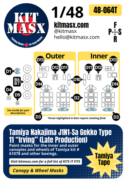 Tamiya Nakajima J1N1-Sa Gekko Type 11 "Irving" (Late Production) 1/48 Canopy & Wheel Paint Masks, Kit # 61078