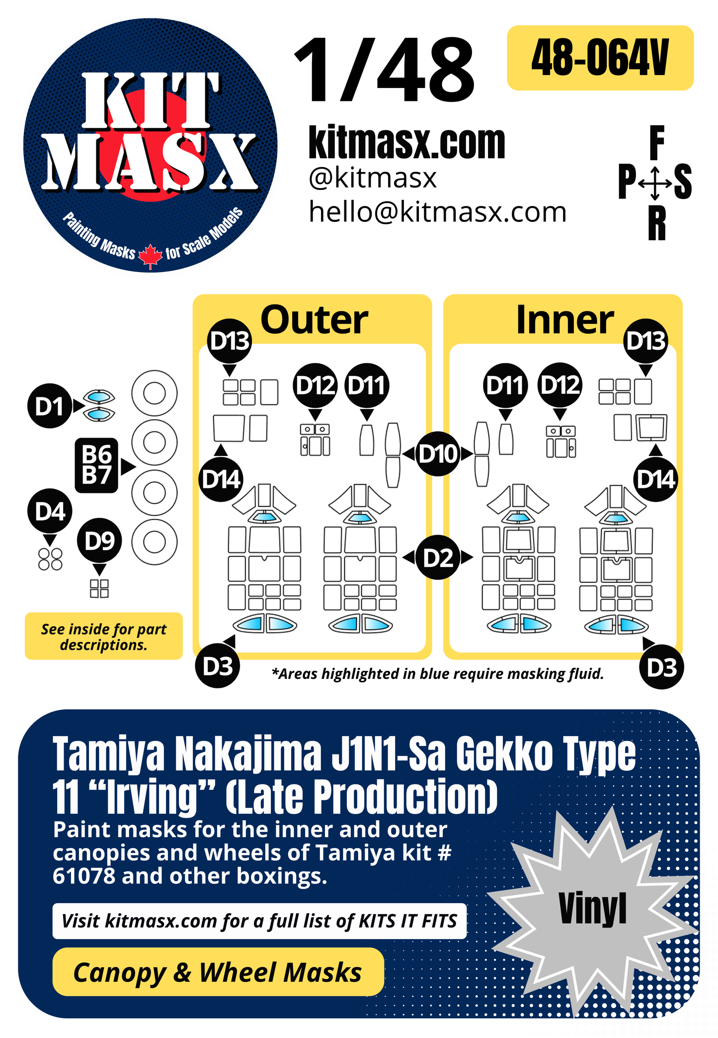 Tamiya Nakajima J1N1-Sa Gekko Type 11 "Irving" (Late Production) 1/48 Canopy & Wheel Paint Masks, Kit # 61078