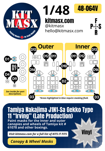 Tamiya Nakajima J1N1-Sa Gekko Type 11 "Irving" (Late Production) 1/48 Canopy & Wheel Paint Masks, Kit # 61078