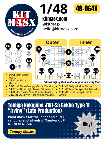 Tamiya Nakajima J1N1-Sa Gekko Type 11 "Irving" (Late Production) 1/48 Canopy & Wheel Paint Masks, Kit # 61078