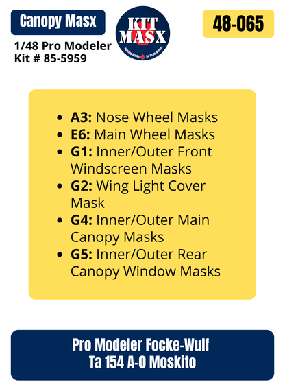 Pro Modeler Focke-Wulf Ta 154 A-0 Moskito 1/48 Canopy & Wheel Paint Masks, Kit # 85-5959