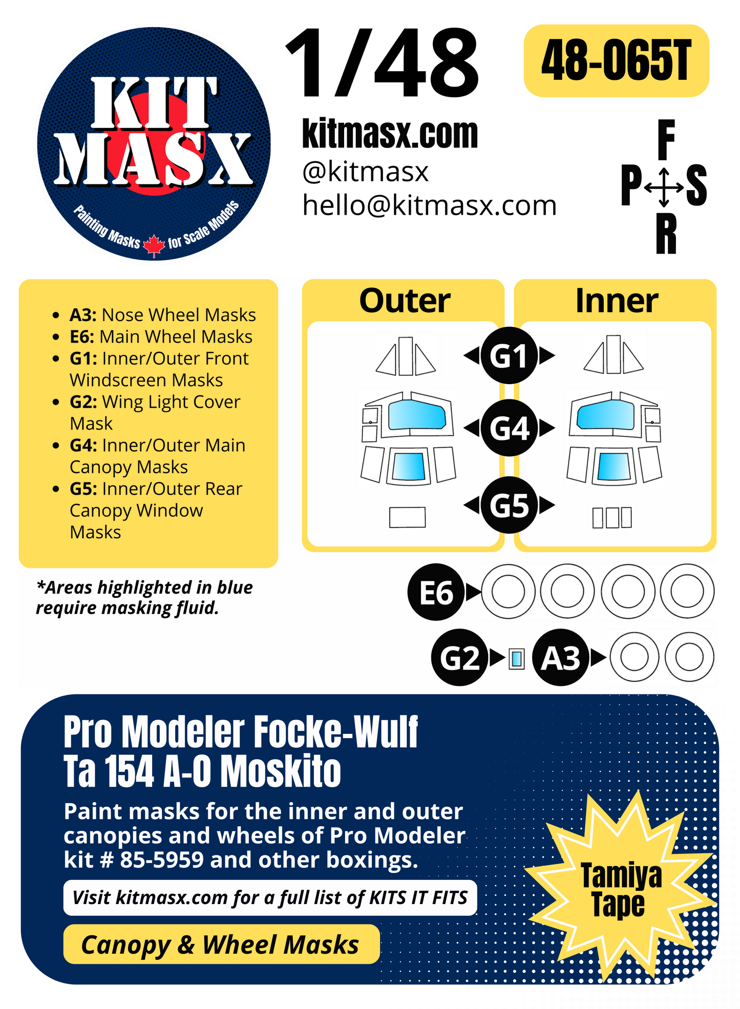 Pro Modeler Focke-Wulf Ta 154 A-0 Moskito 1/48 Canopy & Wheel Paint Masks, Kit # 85-5959