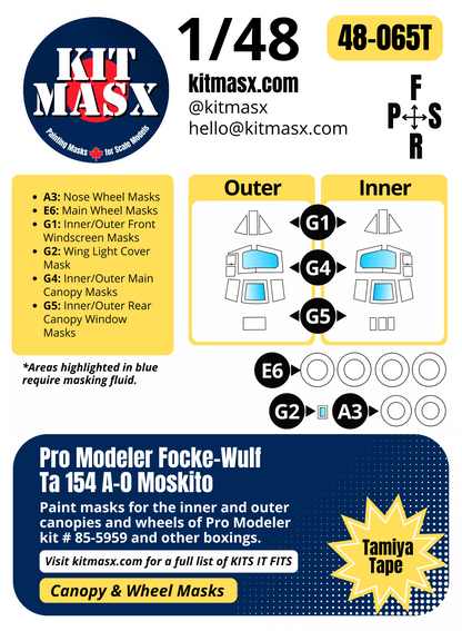 Pro Modeler Focke-Wulf Ta 154 A-0 Moskito 1/48 Canopy & Wheel Paint Masks, Kit # 85-5959