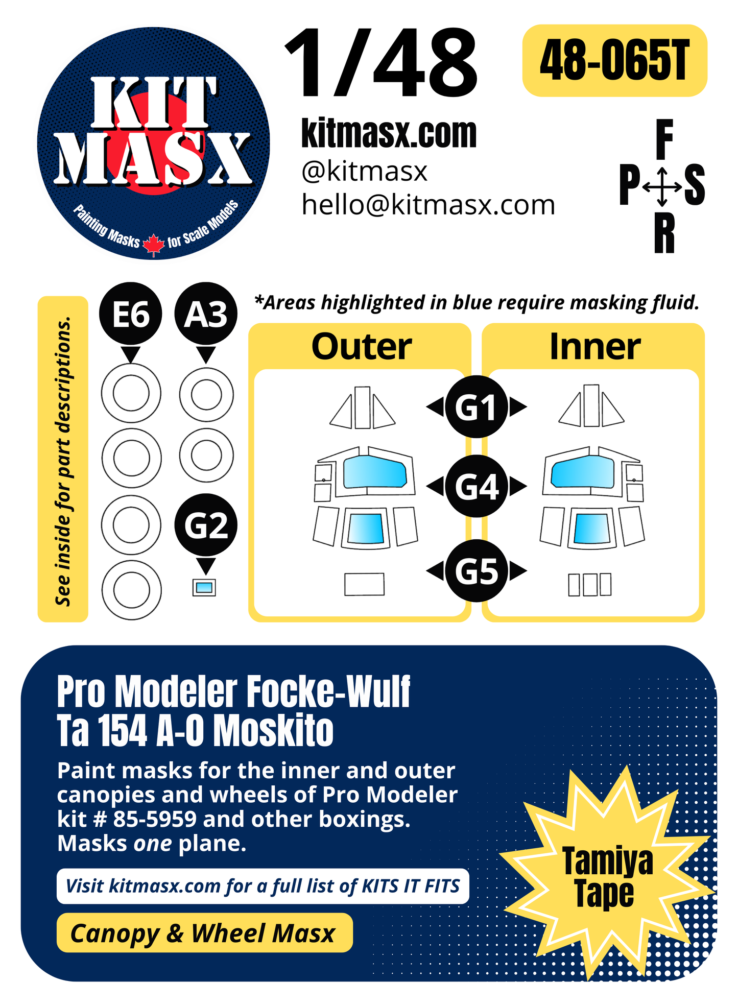 Pro Modeler Focke-Wulf Ta 154 A-0 Moskito 1/48 Canopy & Wheel Paint Masks, Kit # 85-5959