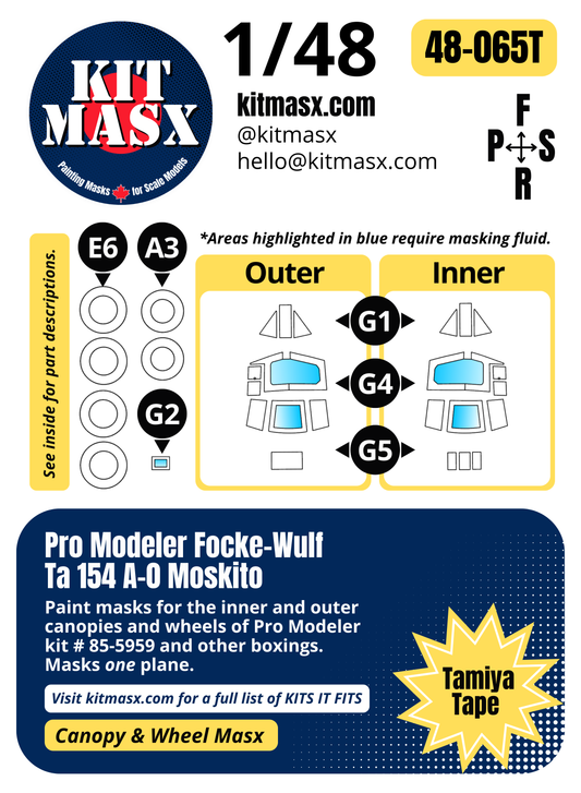 Pro Modeler Focke-Wulf Ta 154 A-0 Moskito 1/48 Canopy & Wheel Paint Masks, Kit # 85-5959