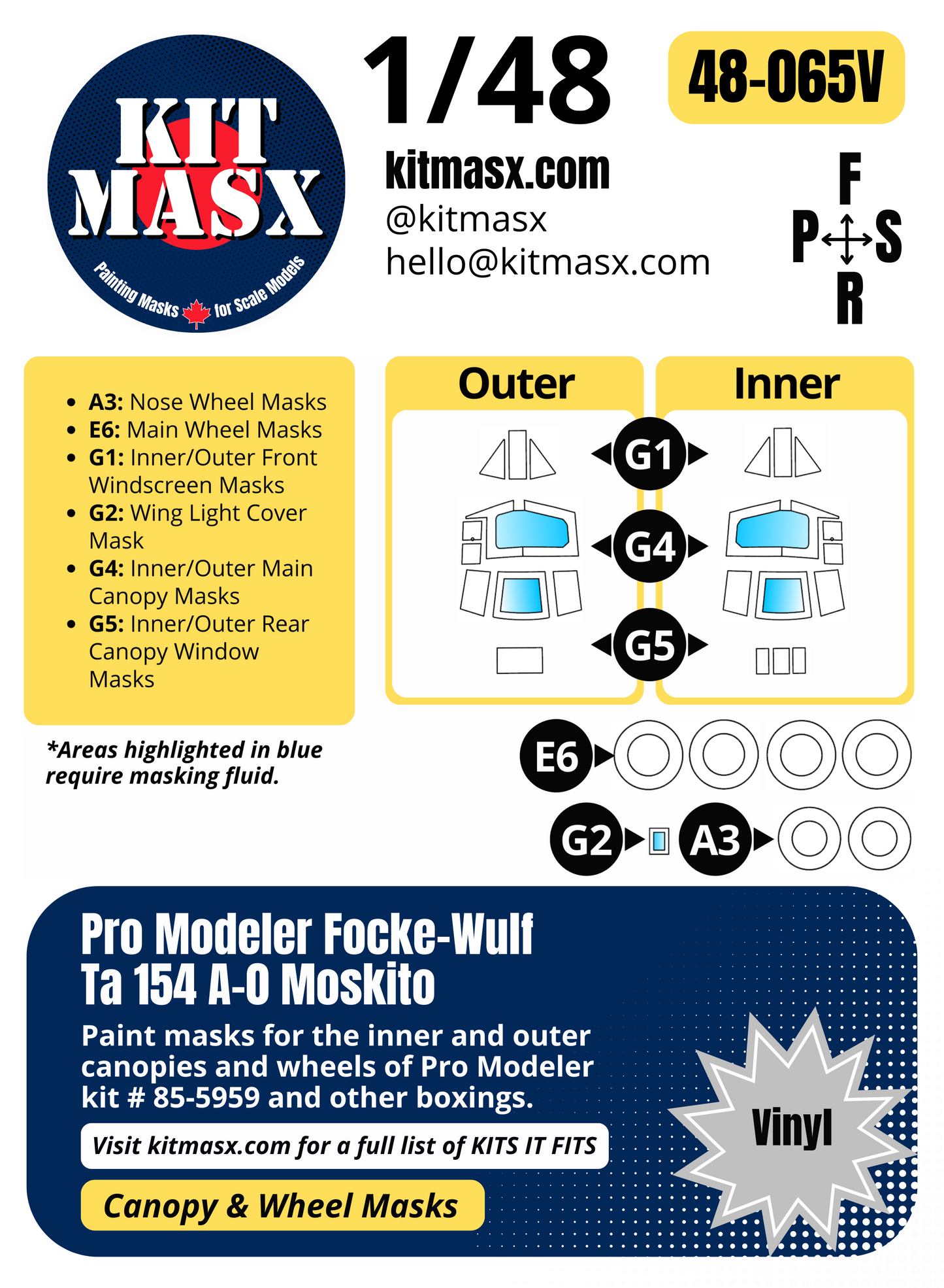 Pro Modeler Focke-Wulf Ta 154 A-0 Moskito 1/48 Canopy & Wheel Paint Masks, Kit # 85-5959