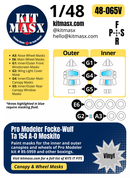 Pro Modeler Focke-Wulf Ta 154 A-0 Moskito 1/48 Canopy & Wheel Paint Masks, Kit # 85-5959