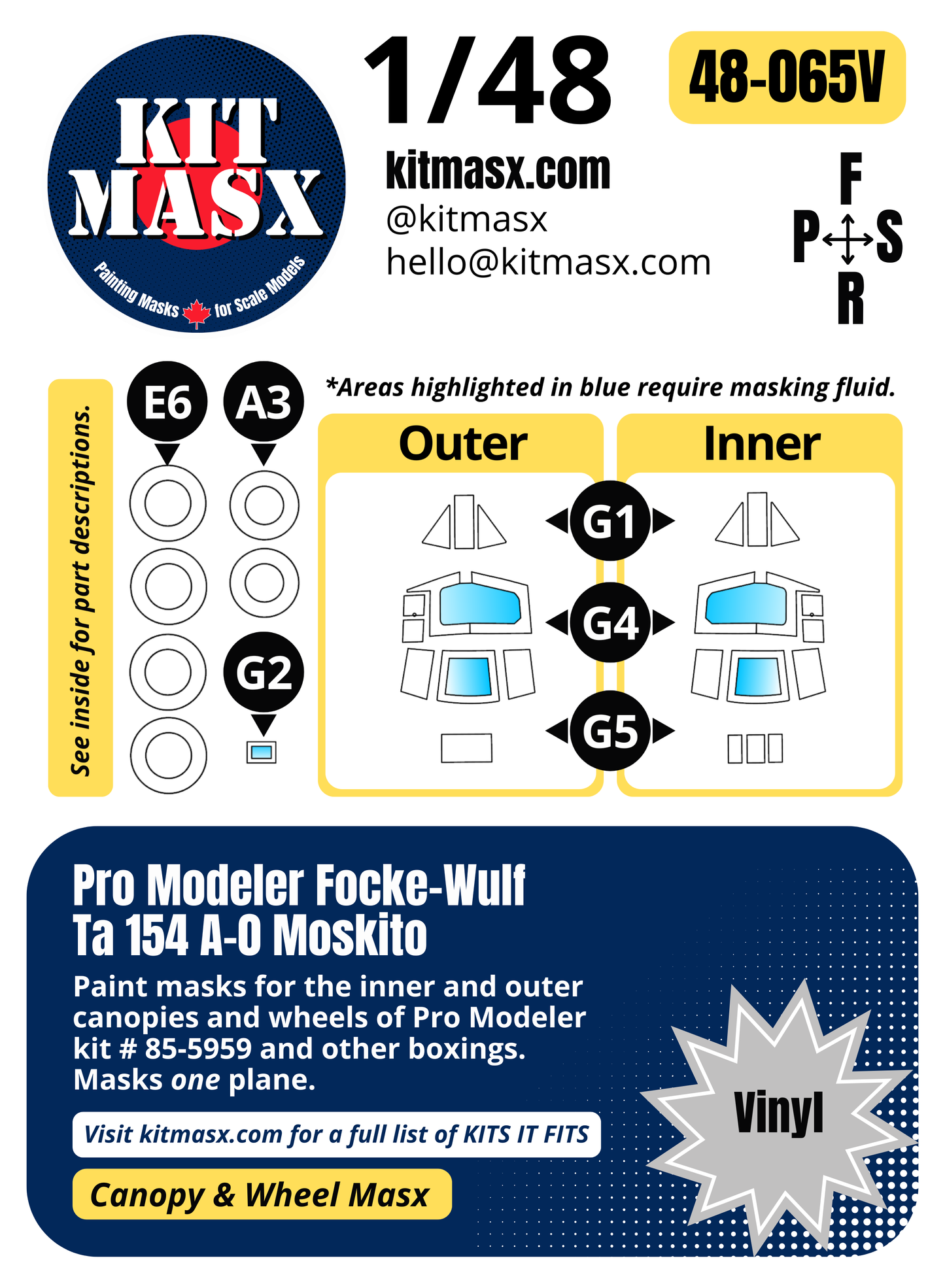 Pro Modeler Focke-Wulf Ta 154 A-0 Moskito 1/48 Canopy & Wheel Paint Masks, Kit # 85-5959